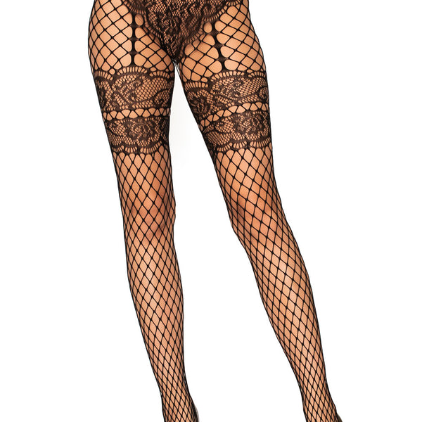 Lace French Cut Faux Garter Net Tights - One Size  Black LA-9281BLK