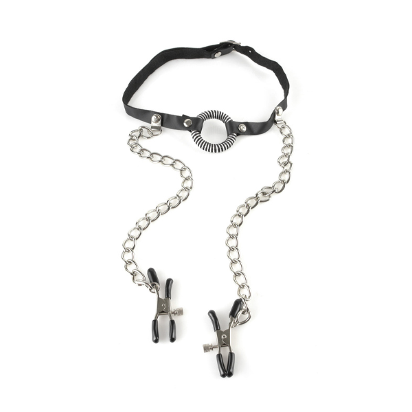 Fetish Fantasy Series O-Ring Gag With Nipple Clamps | Open-Mouth Control with Adjustable Tension Pipedream