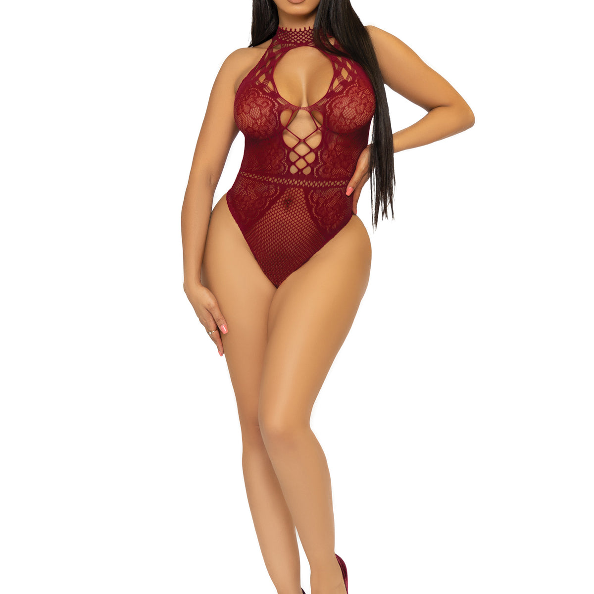 Net and Lace Keyhole Halter Bodysuit - One Size -  Burgundy LA-89307BUROS