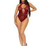 Net and Lace Keyhole Halter Bodysuit - One Size -  Burgundy LA-89307BUROS