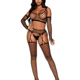 3 Pc Net Crop Top, Garter Stockings, and Matching  Gloves - One Size - Black LA-89301BLKOS