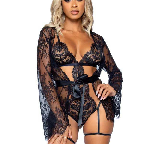 All Romance Lace Teddy and Robe Set - Medium -  Black LA-86123BLKM