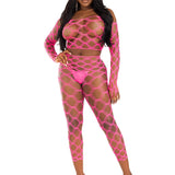 2 Pc Net Crop Top and Footless Tights - One Size - Neon Pink LA-89325NPNKOS