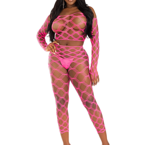 2 Pc Net Crop Top and Footless Tights - One Size - Neon Pink LA-89325NPNKOS