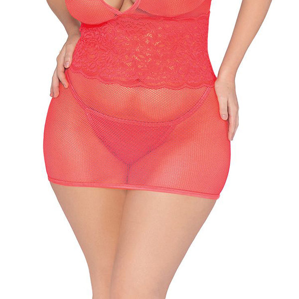 Stretch Fishnet and Scalloped Stretch Lace Chemise - Queen - Coral DG-12606XCORQ