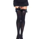 Opaque Thigh Highs With Satin Ruffle Trim and Bow - One Size - Black LA-6010