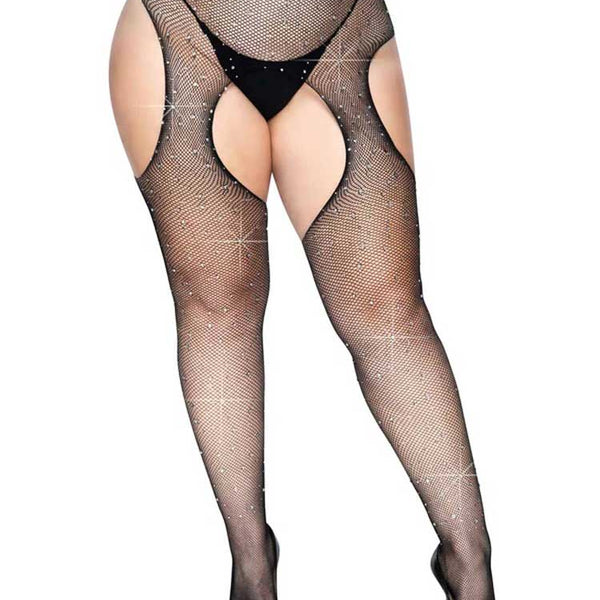 Casey Rhinestone Fishnet Suspender Pantyhose - Queen - Black LA-9108XBLKQ