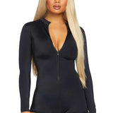 Zipper Front Long Sleeved Matte Romper - Large -  Black LA-86869BLKL