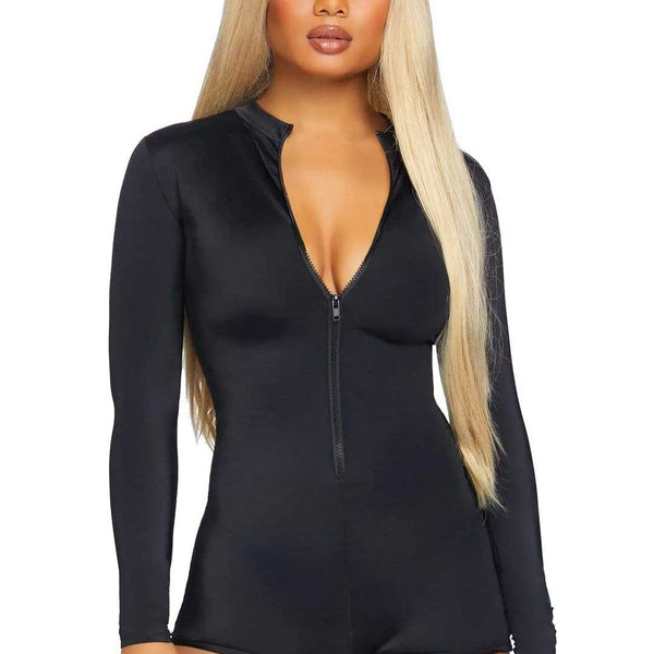 Zipper Front Long Sleeved Matte Romper - Large -  Black LA-86869BLKL