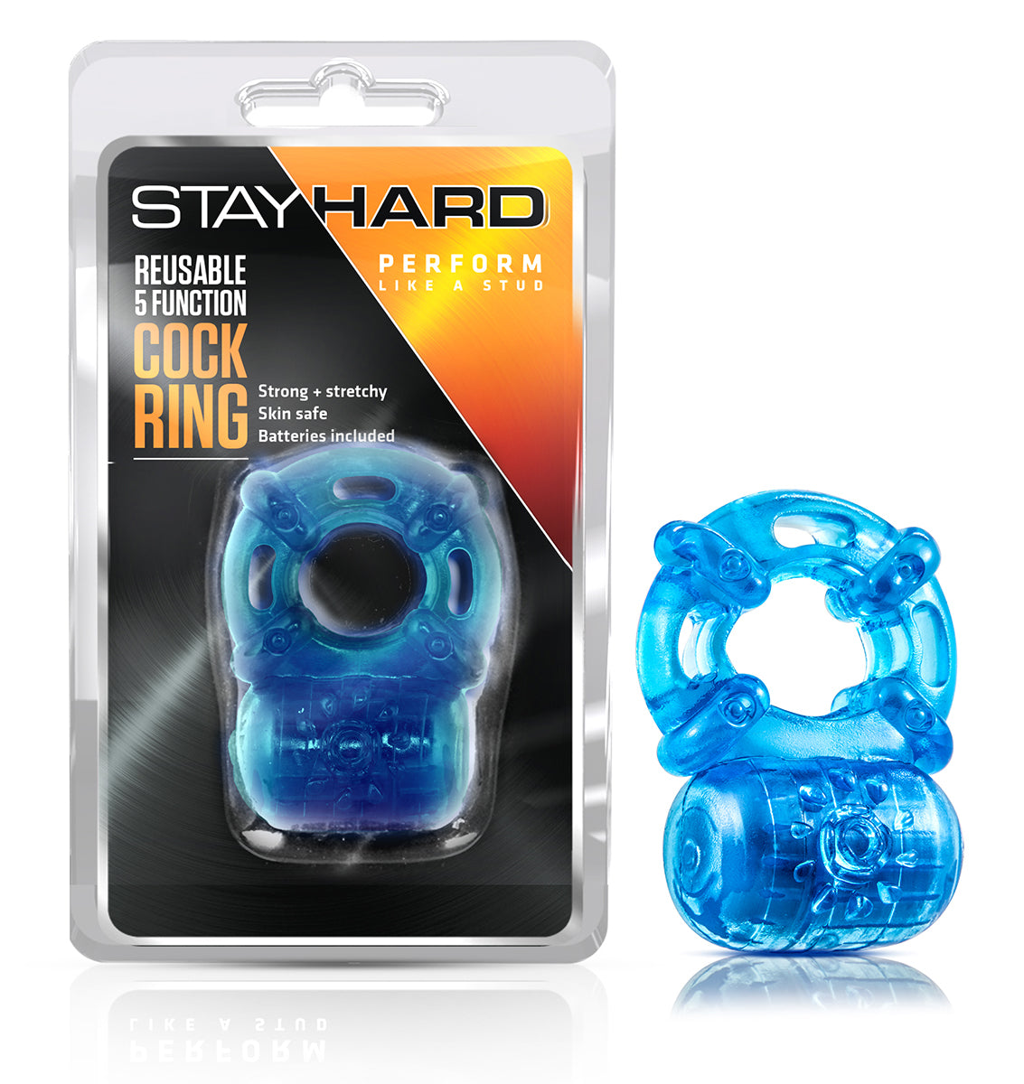 Stay Hard Reusable 5 Function Vibrating Cock Ring - Blue Blush