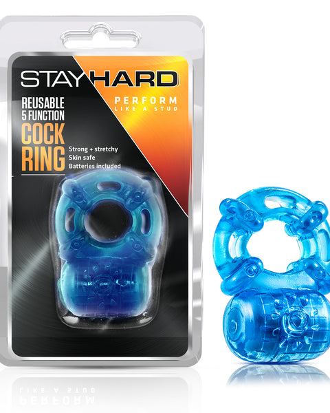 Stay Hard Reusable 5 Function Vibrating Cock Ring - Blue Blush