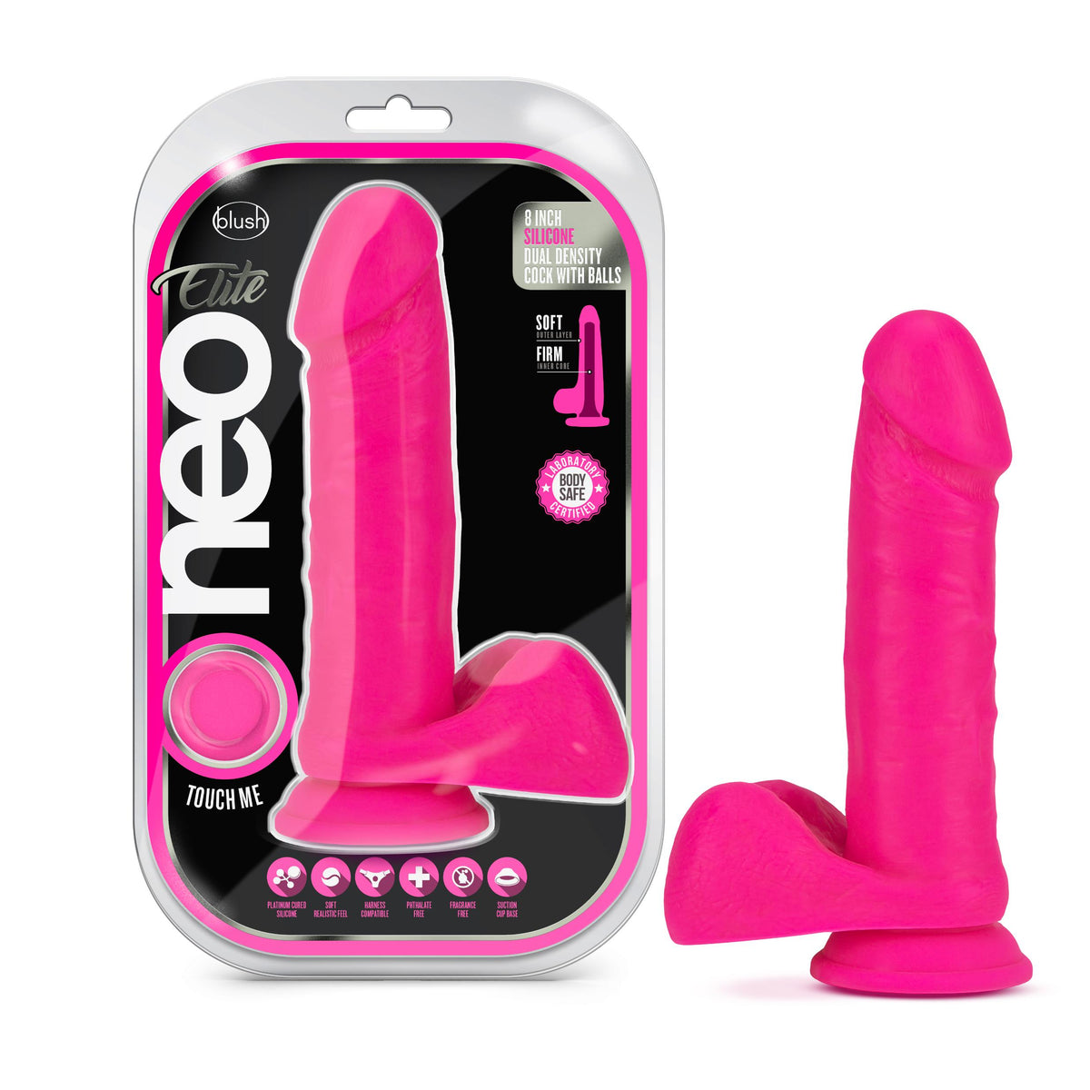 Neo Elite - 8 Inch Silicone Dual Density Cock With Balls - Neon Pink Blush