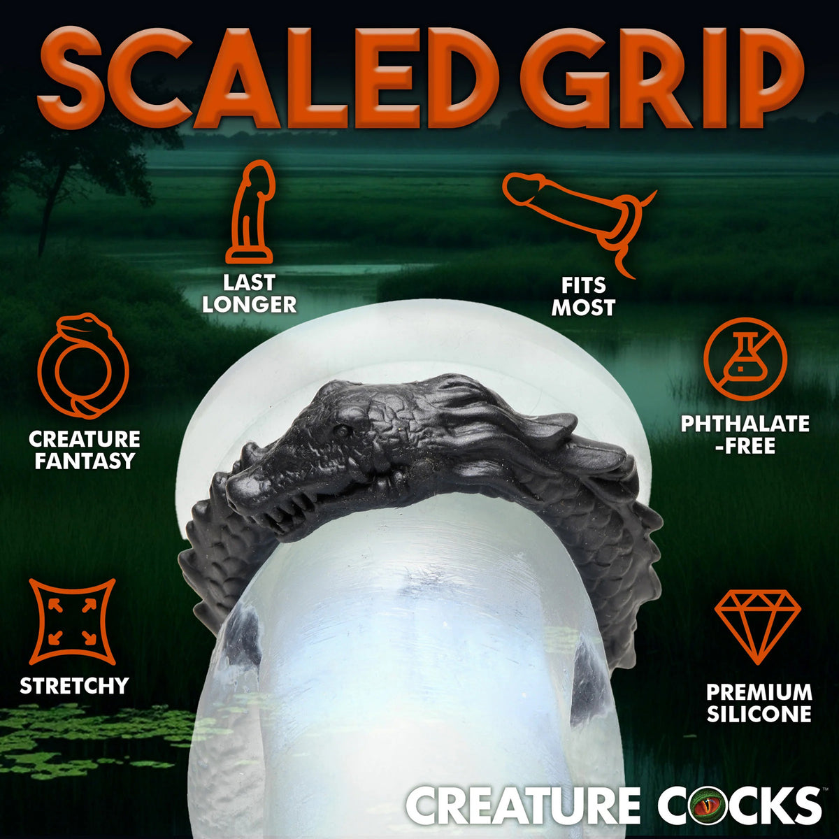 Black Caiman Silicone Cock Ring - Black XR Brands Creature Cocks