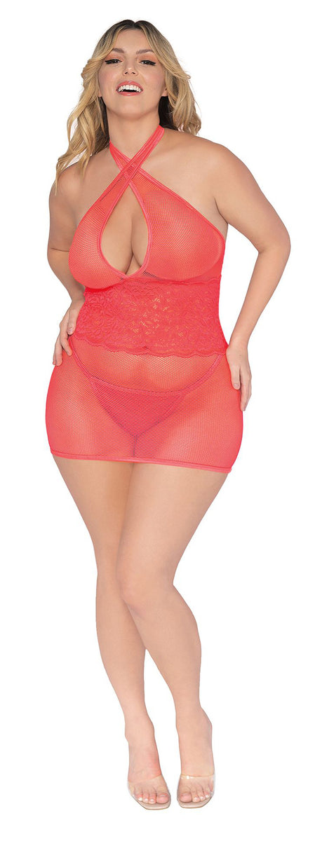 Stretch Fishnet and Scalloped Stretch Lace Chemise - Queen - Coral Dreamgirl