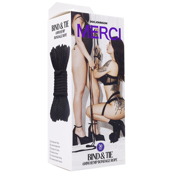 Merci - Bind and Tie - 6mm Hemp Bondage Rope - 30  Feet - Black Doc Johnson