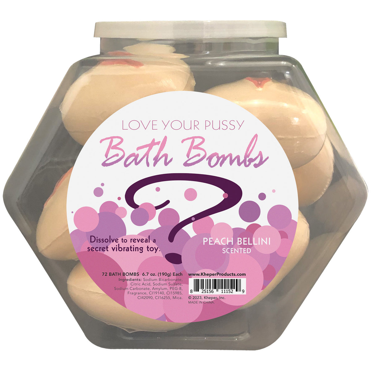 Love Your Pussy Bath Bomb Fishbowl Display of 9  Units - Peach Bellini Kheper Games