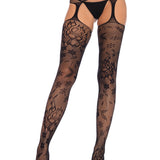 Floral Lace Stockings With Attached Waist Garterbelt - Black - One Size Leg Avenue