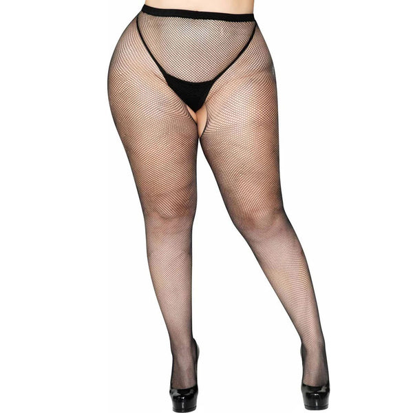 Crotchless Fishnet Pantyhose - Queen Size - Black Leg Avenue