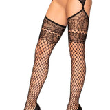 Garter Belt Lace Top Fishnets - Black - One Size Leg Avenue