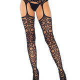 Scroll Lace Stockings With Attached Garter Belt -  One Size - Black Leg Avenue