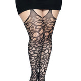 Scroll Lace Stocking With Attached Garter Belt -  1x/2x - Black Leg Avenue