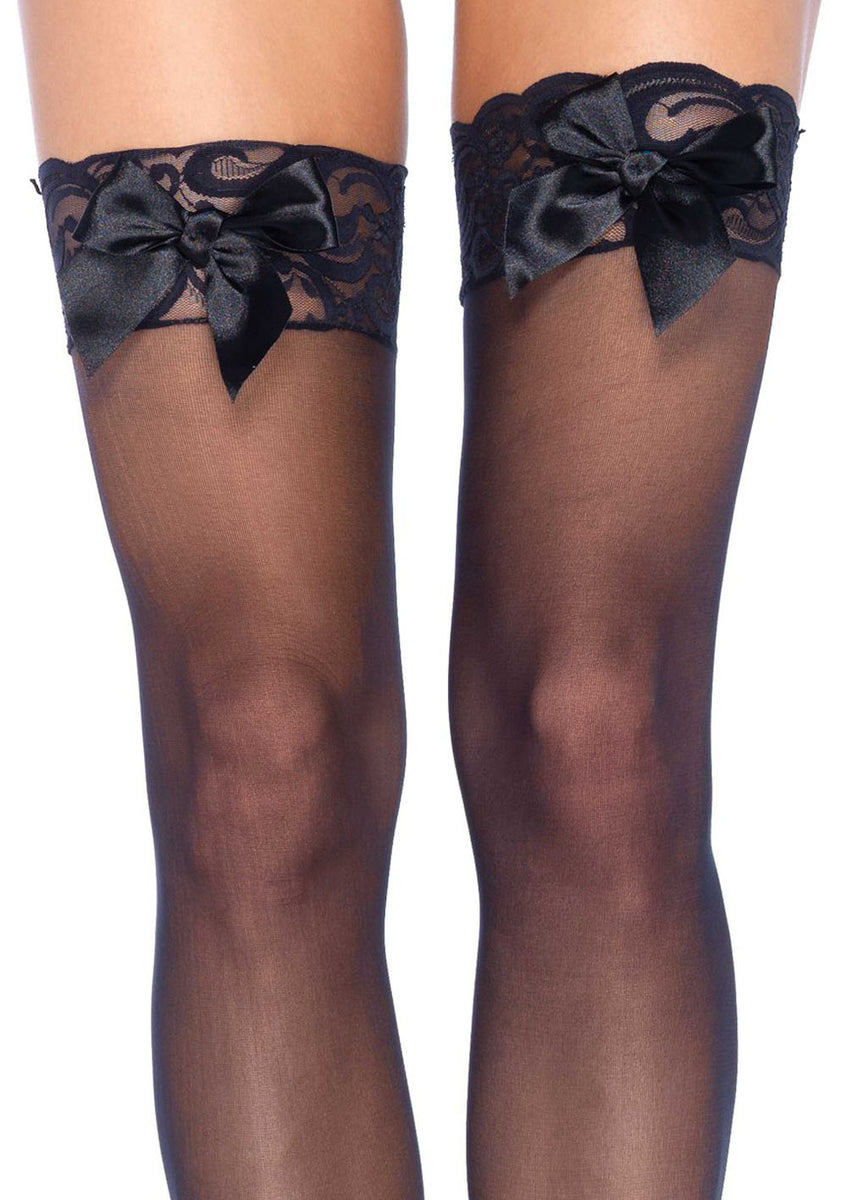 Sheer Lace Top Thigh Highs With Satin Bow Accent - One Size - Black Leg Avenue