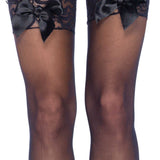 Sheer Lace Top Thigh Highs With Satin Bow Accent - One Size - Black Leg Avenue