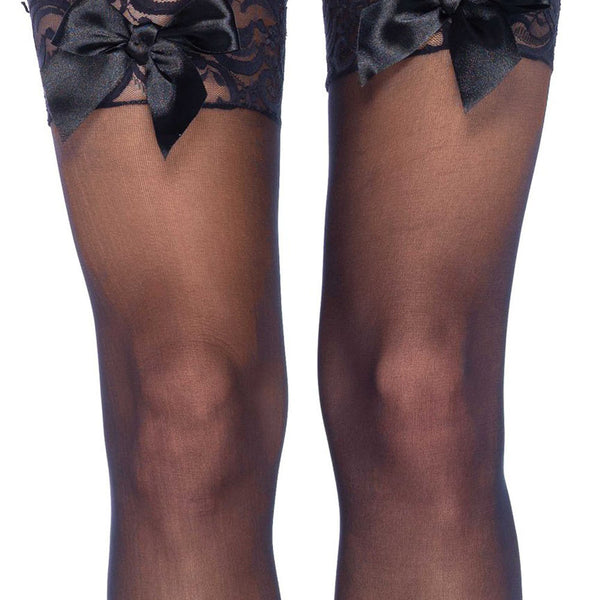 Sheer Lace Top Thigh Highs With Satin Bow Accent - One Size - Black Leg Avenue