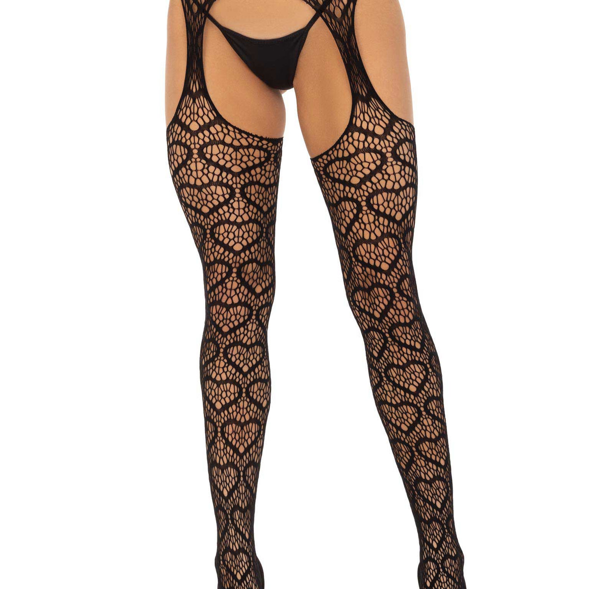 Heart Net Suspender Pantyhose - One Size - Black Leg Avenue