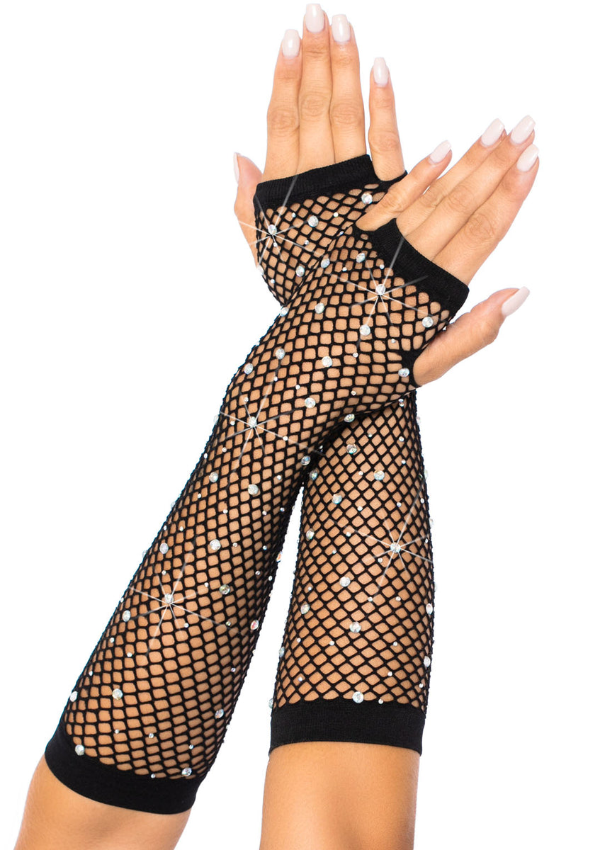 Rhinestone Fishnet Arm Warmers Black Leg Avenue