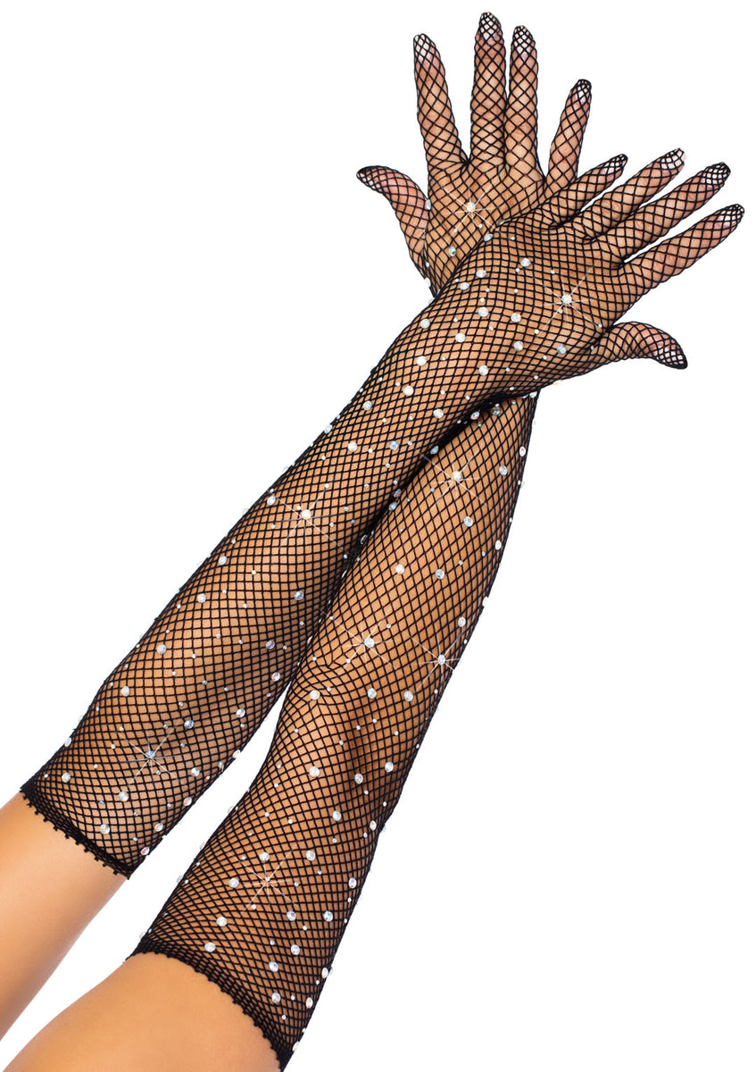 Rhinestone Fishnet Long Gloves - Black Leg Avenue