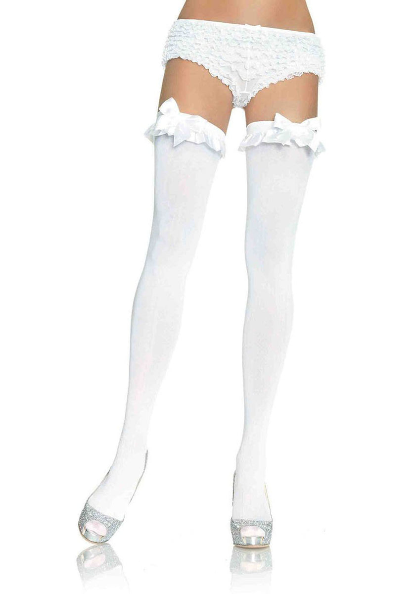 Opaque Thigh Highs With Satin Ruffle Trim and Bow - One Size - White Leg Avenue