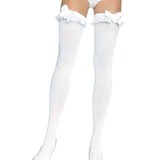 Opaque Thigh Highs With Satin Ruffle Trim and Bow - One Size - White Leg Avenue