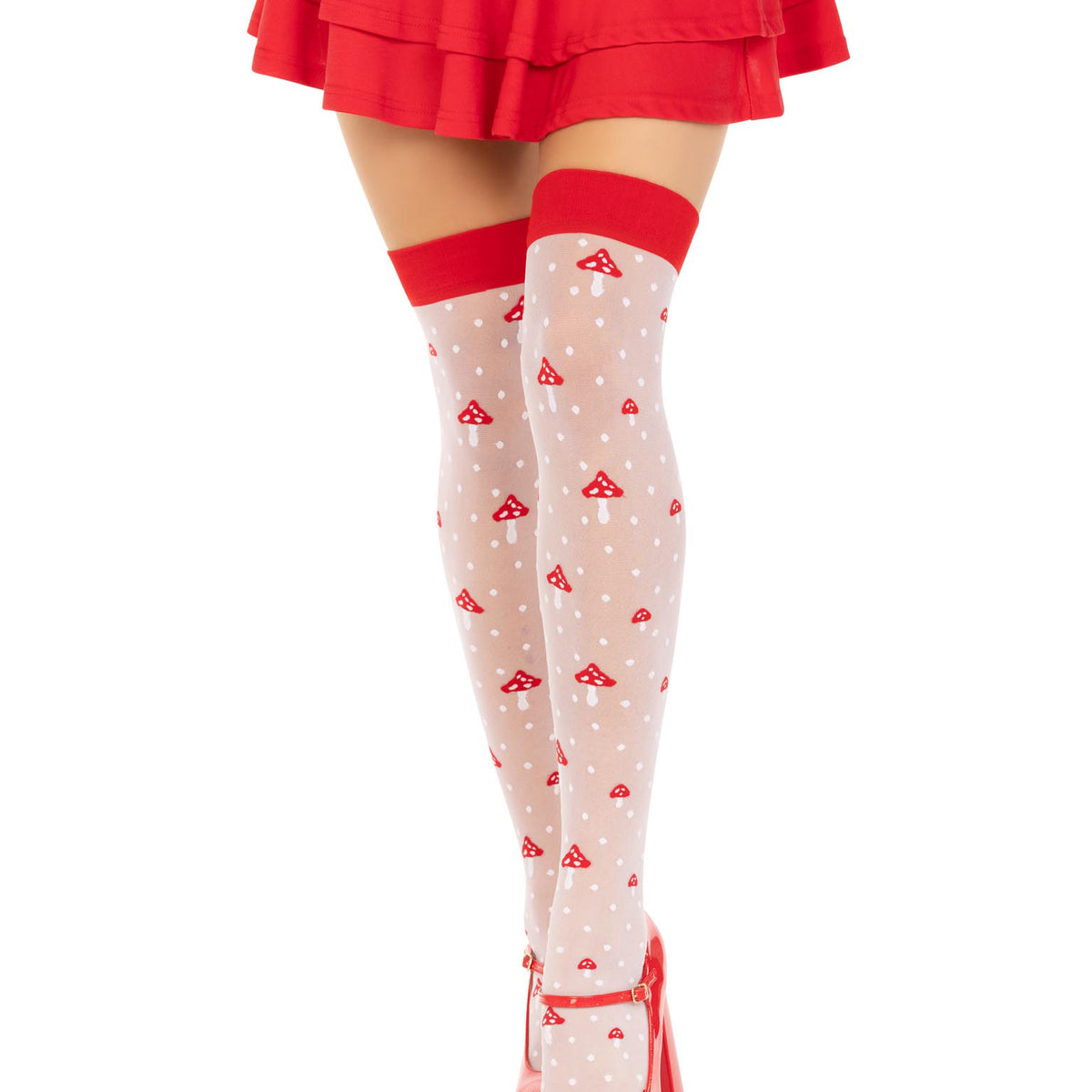 Polka Dot Mushroom Thigh High - One Size - White/red Leg Avenue