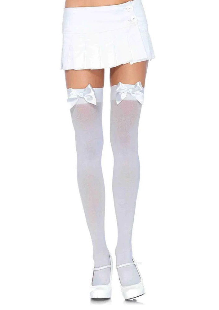 Opaque Thigh Highs With Satin Bow Accent -  One Size - White Leg Avenue