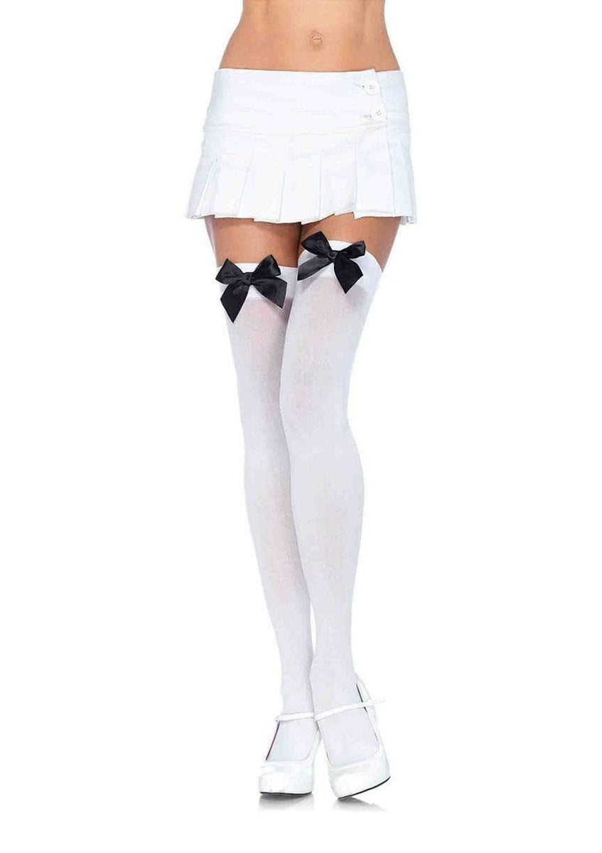 Nylon Thigh Highs With Bow - One Size - White / Black Leg Avenue