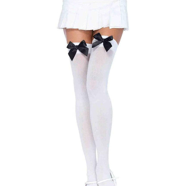 Nylon Thigh Highs With Bow - One Size - White / Black Leg Avenue