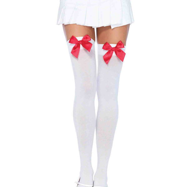 Nylon Over the Knee Socks - White With Red Bow Leg Avenue