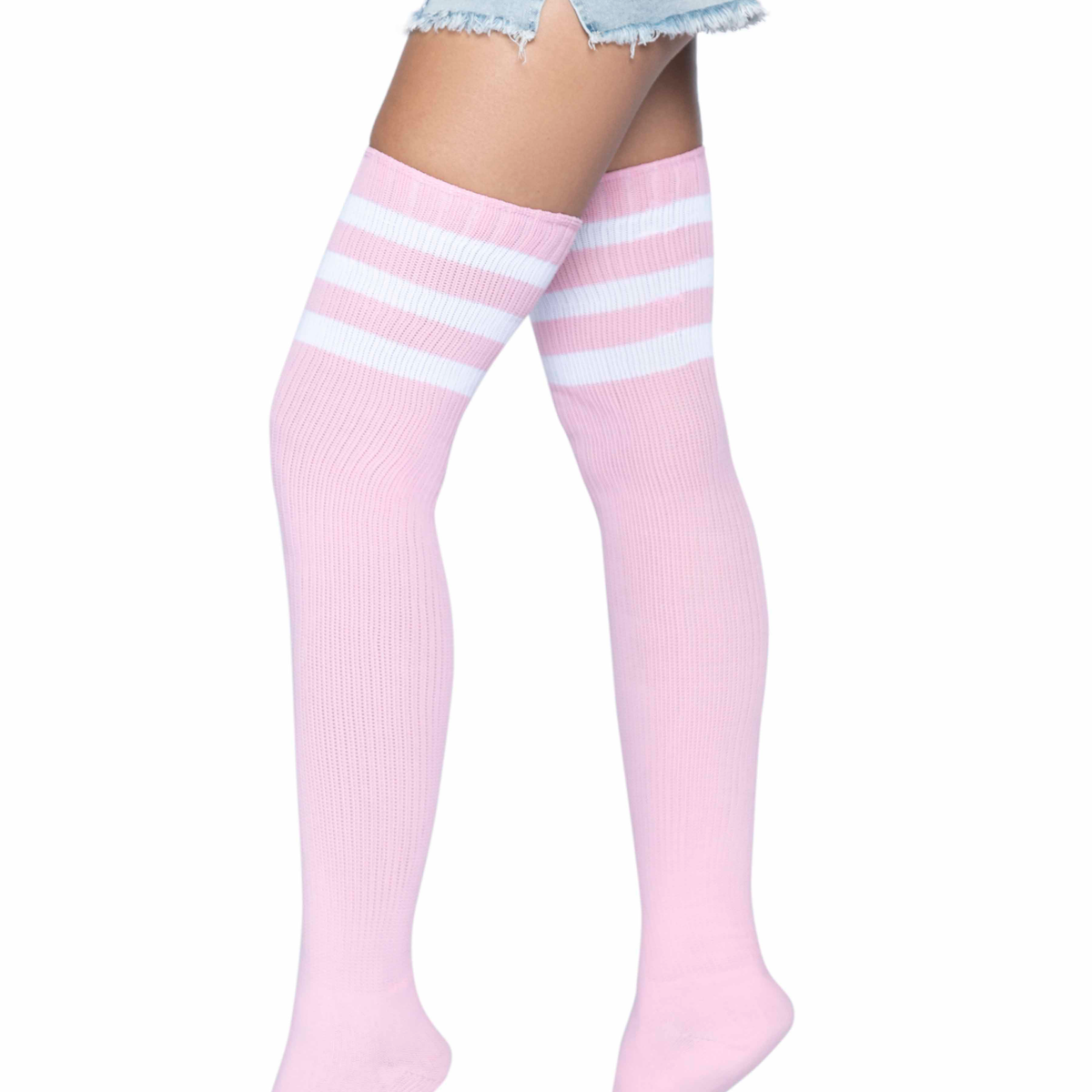 3 Stripes Athletic Ribbed Thigh Highs - One Size - Light Pink Leg Avenue