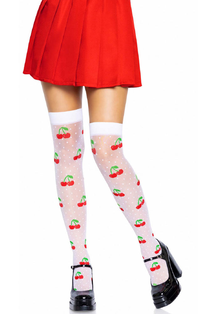 Sheer Polka Dot Cherry Thigh Highs - One Size - White/red Leg Avenue