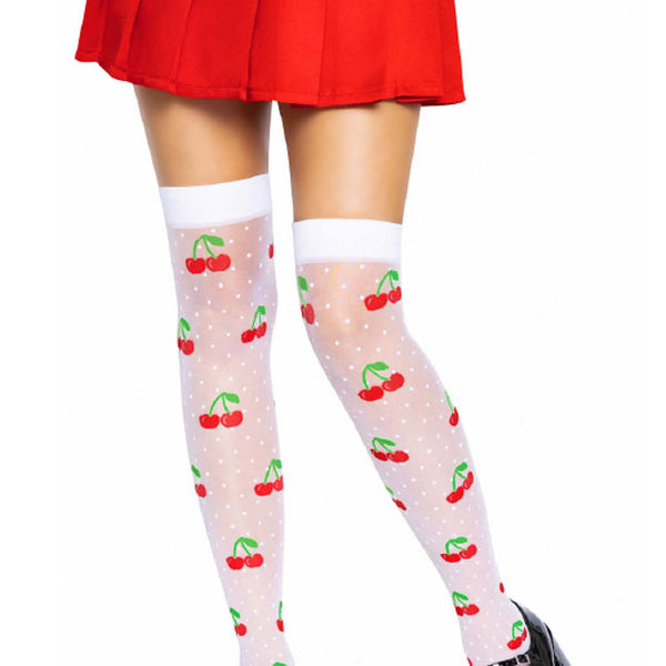 Sheer Polka Dot Cherry Thigh Highs - One Size - White/red Leg Avenue