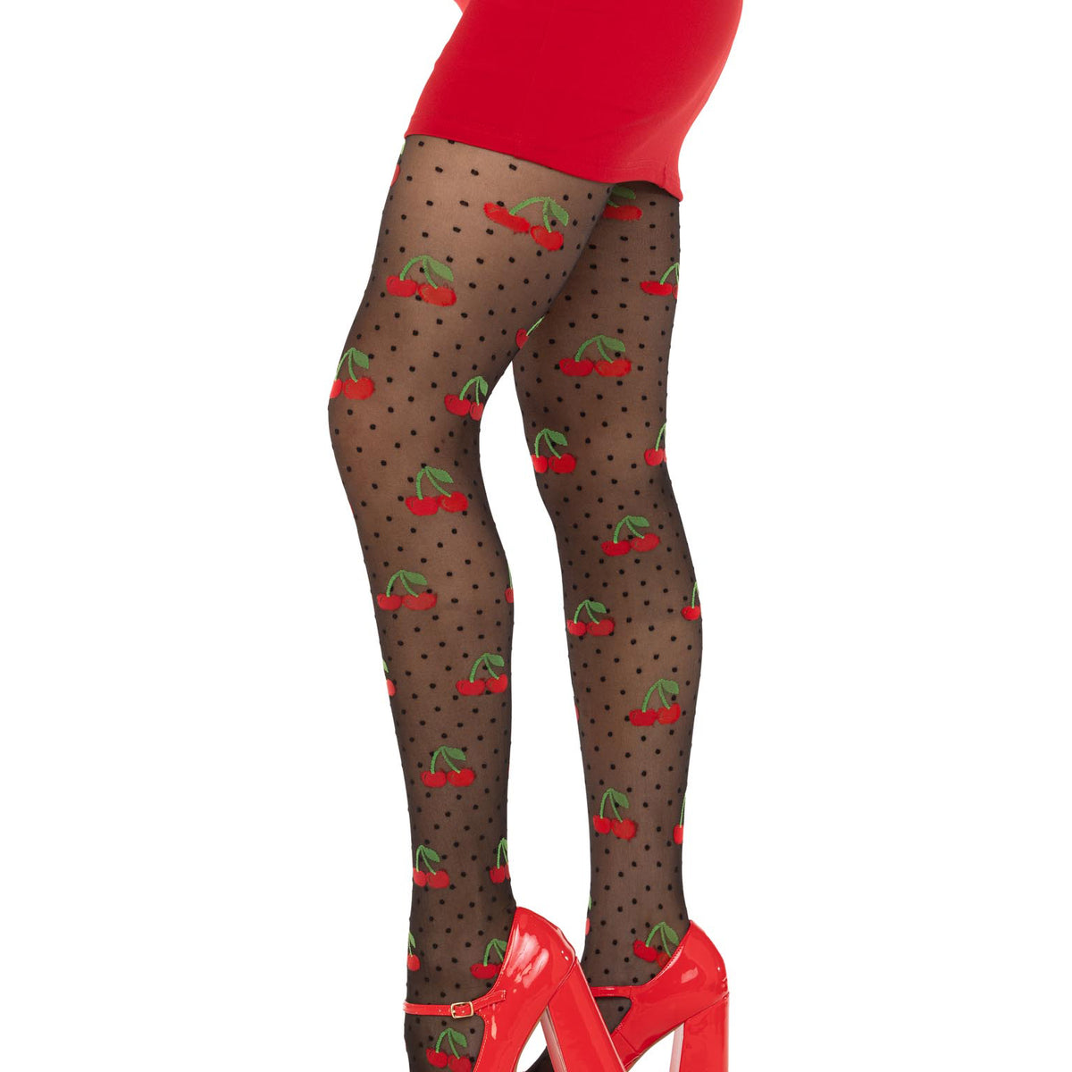 Polka Dot Cherry Tights - One Size - Black Leg Avenue