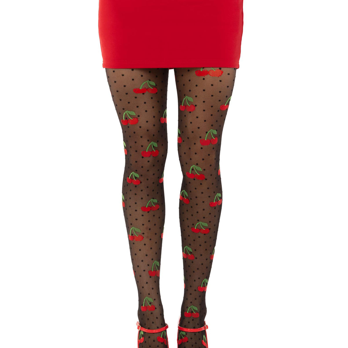 Polka Dot Cherry Tights - One Size - Black Leg Avenue