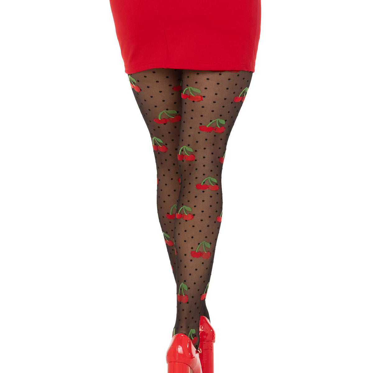 Polka Dot Cherry Tights - One Size - Black Leg Avenue