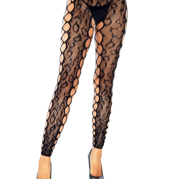 Footless Leopard Lace Crotchless Tights - Black Leg Avenue