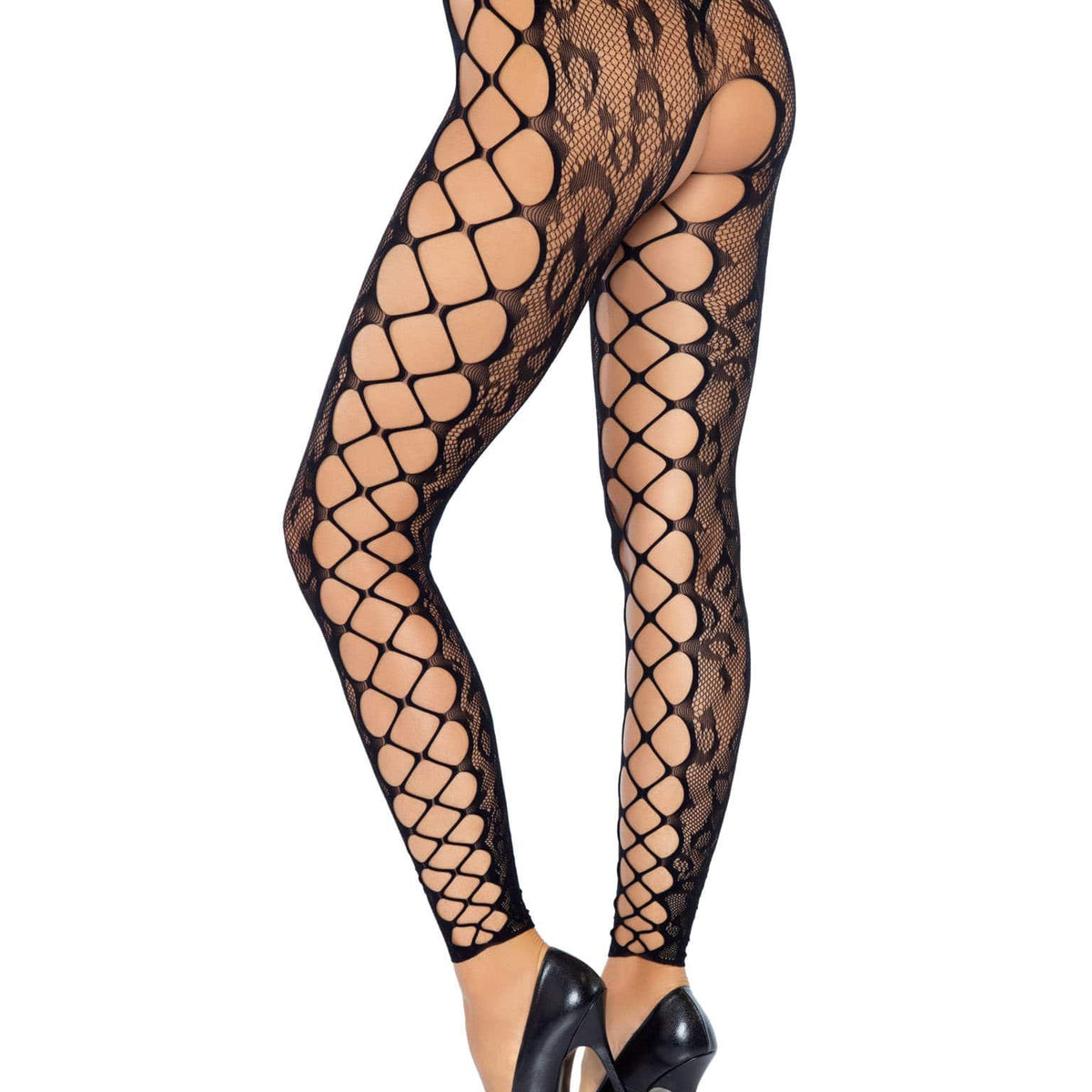 Footless Leopard Lace Crotchless Tights - Black Leg Avenue