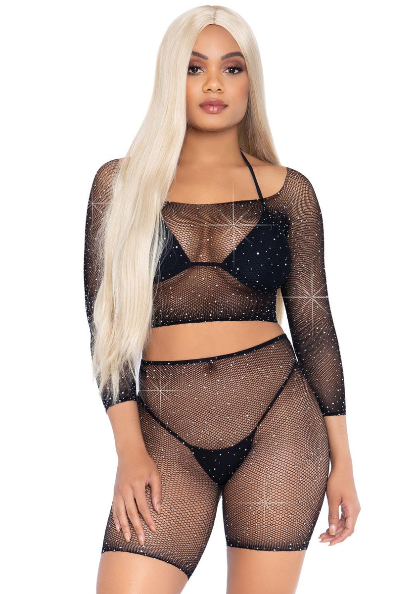 2 Pc Rhinestone Fishnet Crop Top and Biker  Shorts - Black - One Size Leg Avenue