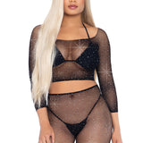 2 Pc Rhinestone Fishnet Crop Top and Biker  Shorts - Black - One Size Leg Avenue