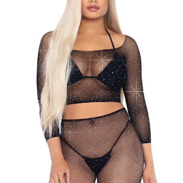 2 Pc Rhinestone Fishnet Crop Top and Biker  Shorts - Black - One Size Leg Avenue