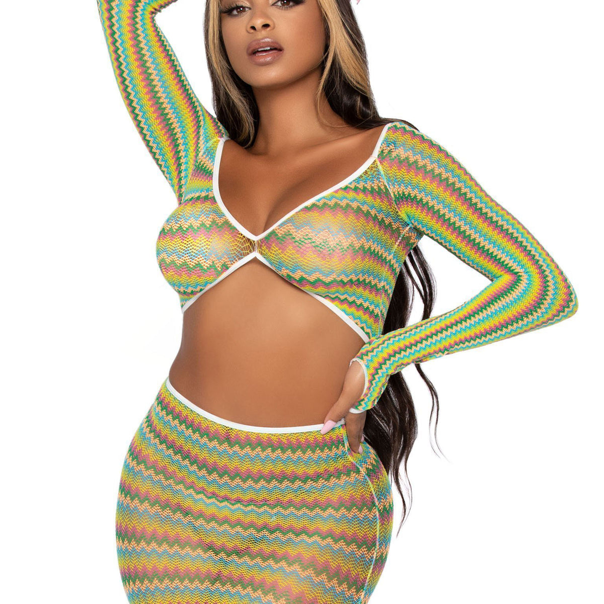 2 Pc Zig Zag Net Crop Top and Mini Dress - One  Size - Green Leg Avenue